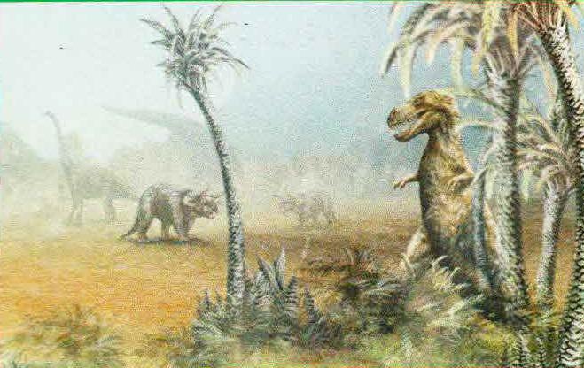 Притаившись за деревьями, тираннозавр выслеживает пасущихся трицератопсов.