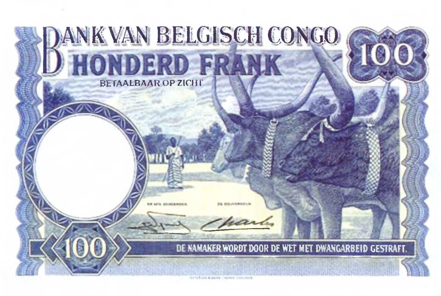 100 франков 1949 г. Бельгийский Конго.