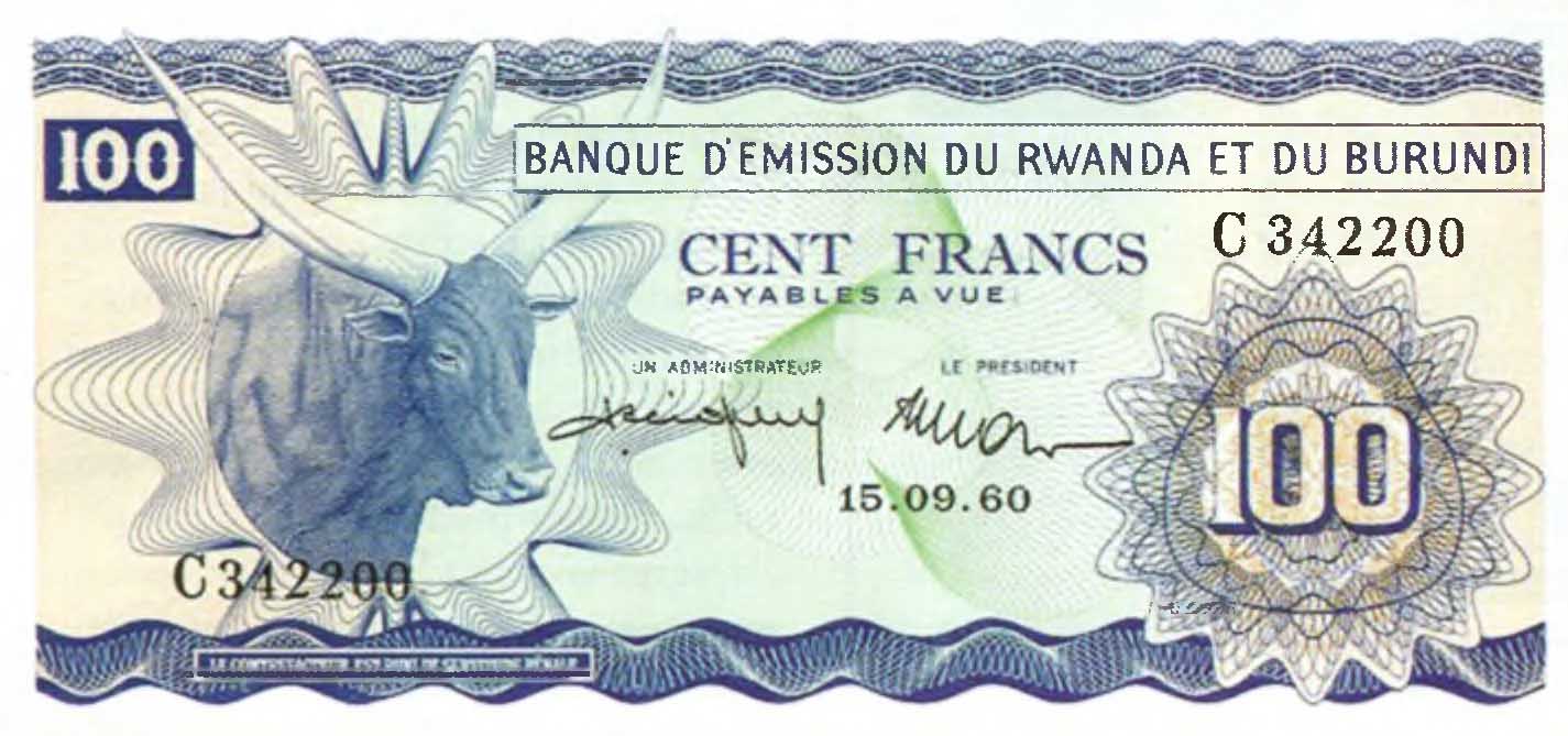 100 франков 1960 г. Руанда.