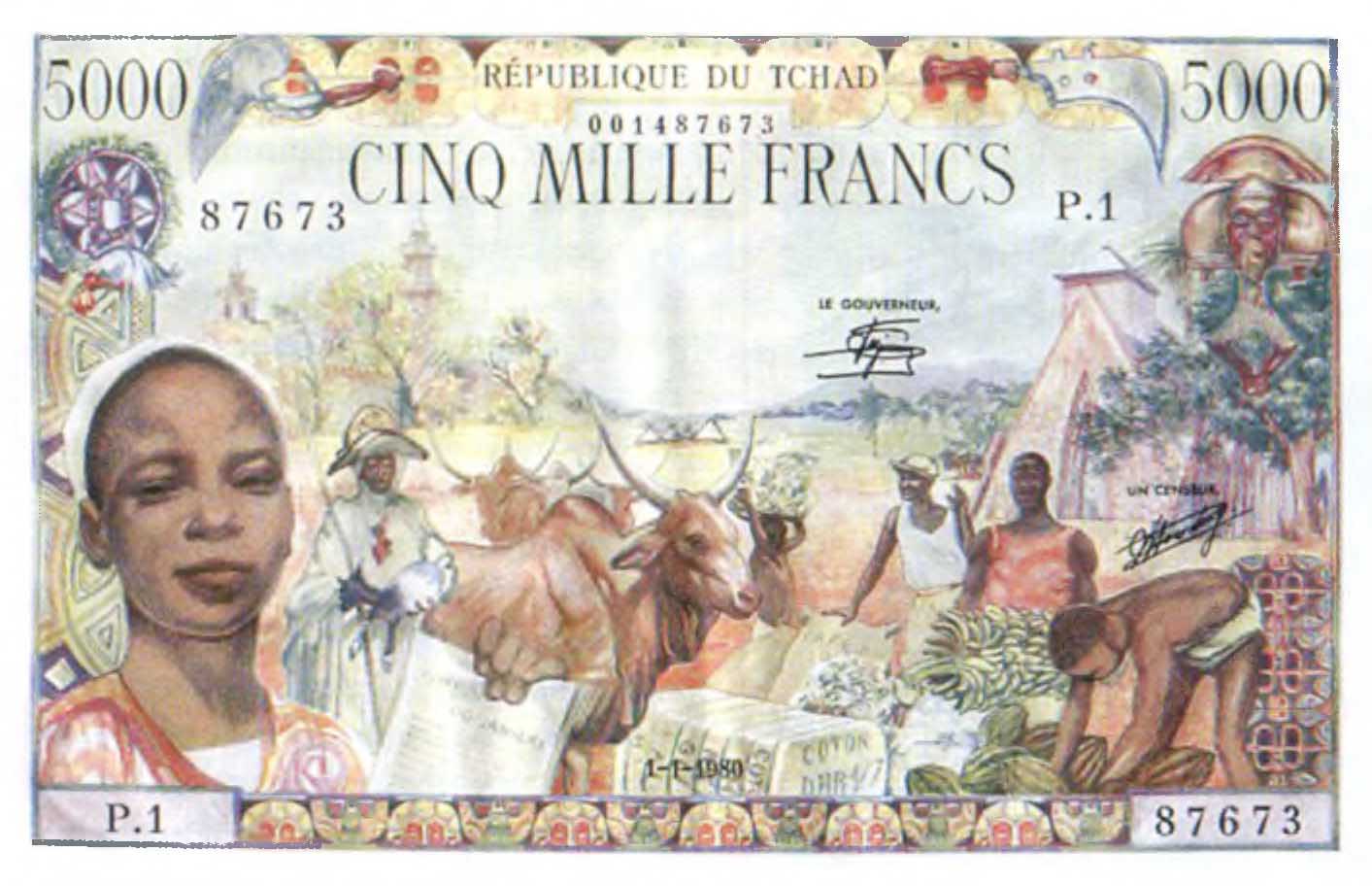 5000 франков 1980 г. Чад.