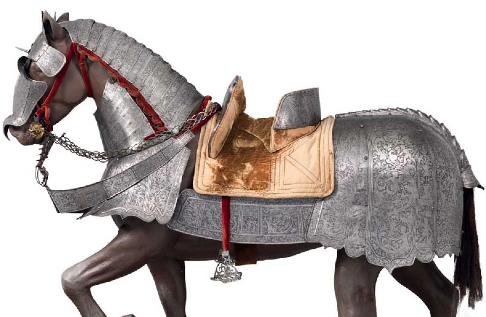 Металлические конские доспехи из Италии, вероятно, сделанные для лошади графа Антонио IV Коллальто. Конец XVI века. Музей Метрополитен, Нью-Йорк (США).