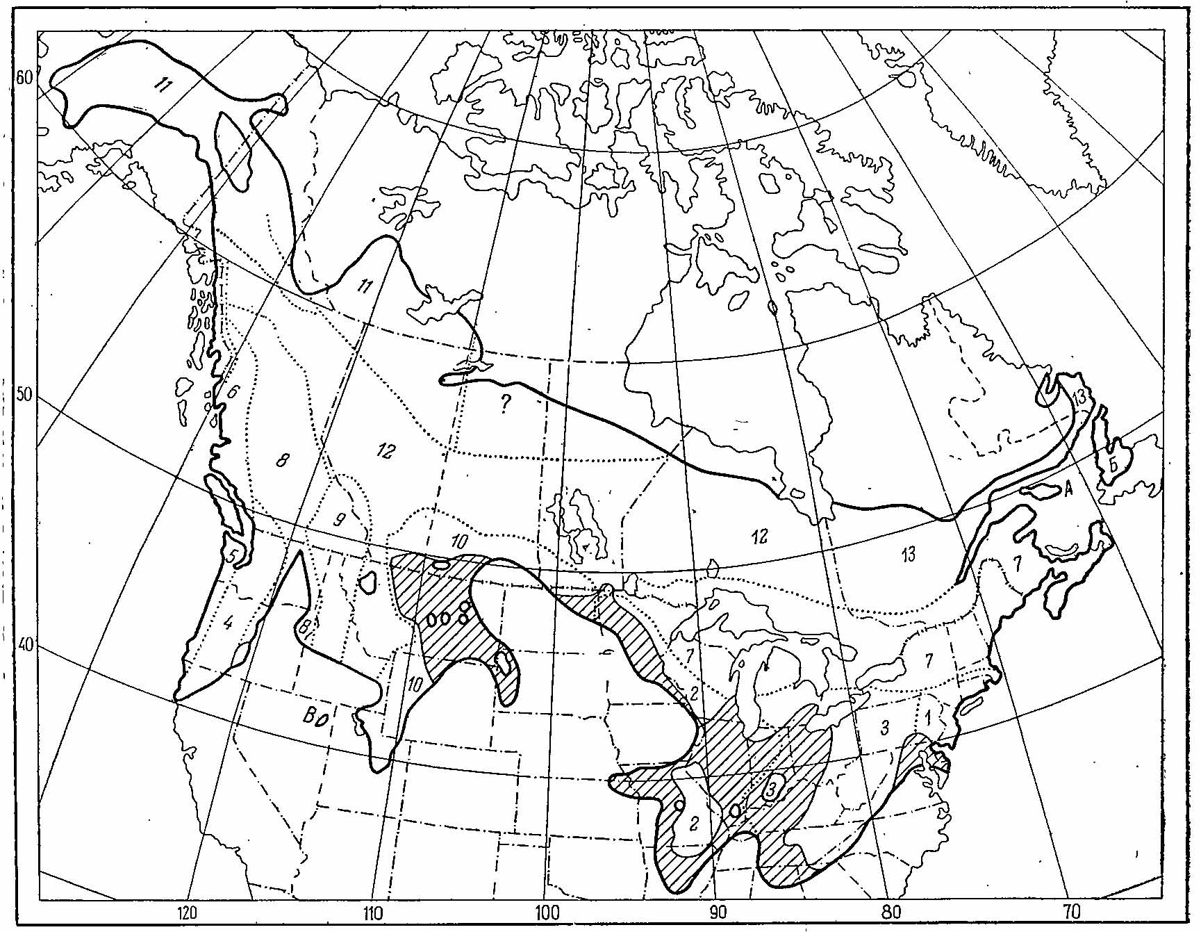 Рис. 5. Ареал Bonasa umbellus. Заштрихованы области, где вид исчез за последние сто лет (по Aldrich, 1963; Todd, 1963; Johnsgard, 1973).