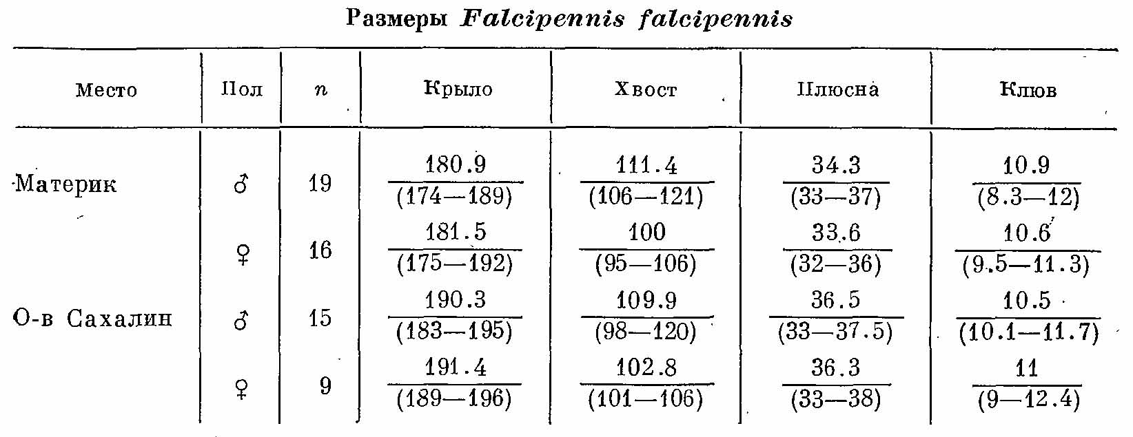 Таблица 1. Размеры Falcipennis falcipennis